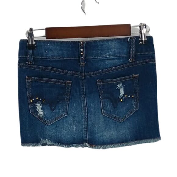Vintage Truce Distressed Dark Wash Bejeweled Denim Y2K Jean Mini Skirt Sz 0 - Picture 2 of 8